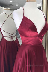 A Line V Neck Backless Burgundy Long Corset Prom Dresses, Backless Burgundy Corset Formal Graduation Evening Dresses outfit, Formal Dress Outfit