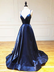 A Line V Neck Backless Dark Navy Blue Corset Prom Dresses, Open Back Navy Blue Corset Formal Evening Dresses outfit, Prom Dress Black
