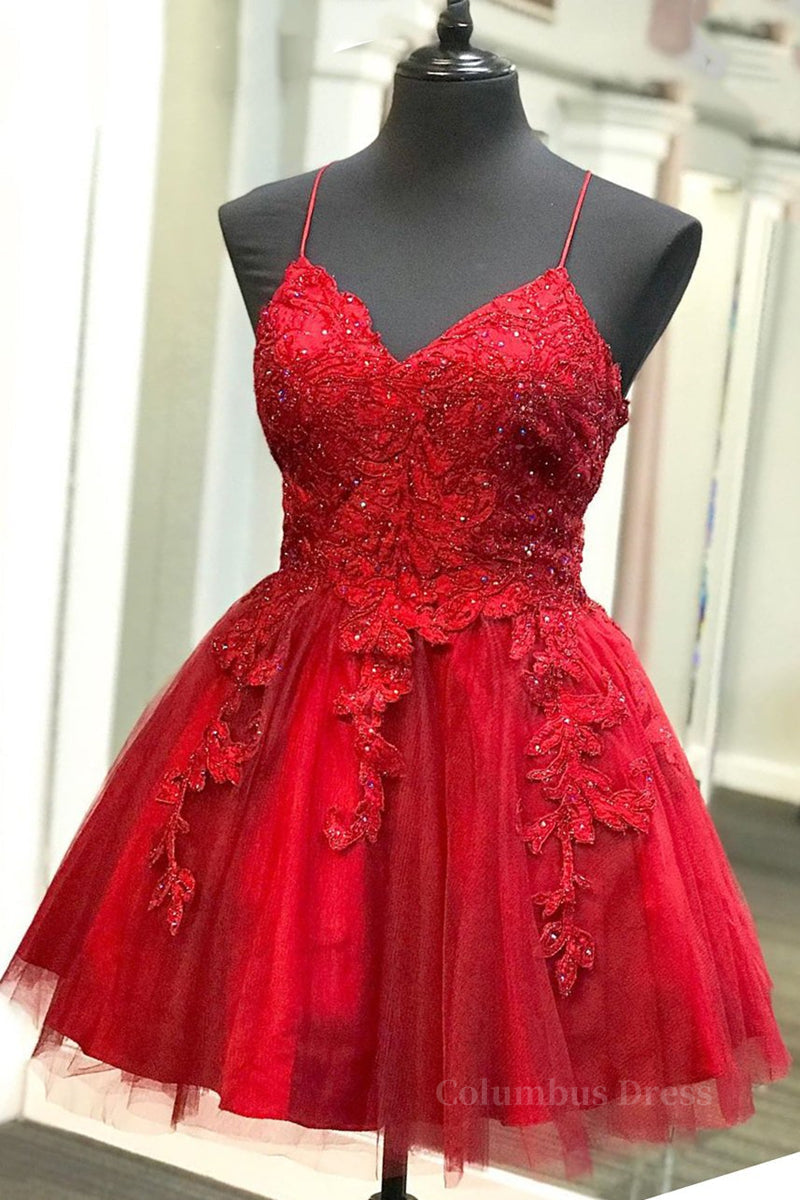 A Line V Neck Backless Lace Red Short Corset Prom Dress Corset Homecoming Dress, Backless Red Lace Corset Formal Graduation Evening Dress outfit, Evening Dress Mermaid
