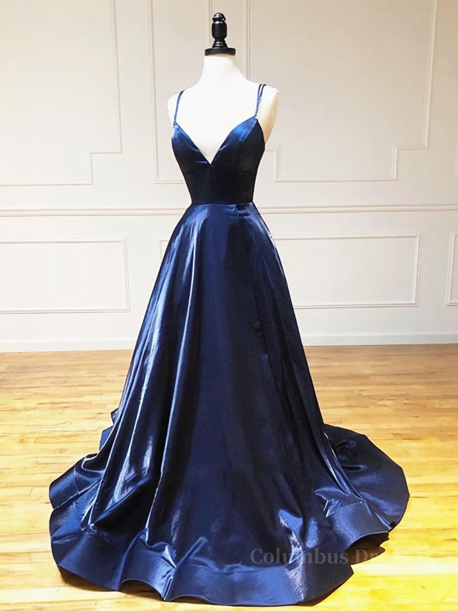 A Line V Neck Backless Navy Blue Corset Prom Dresses, Open Back Navy Blue Corset Formal Evening Dresses outfit, Party Dresses Black