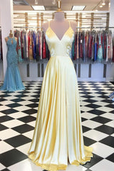 A Line V Neck Backless Yellow Satin Long Corset Prom Dresses, Yellow Backless Corset Formal Dresses, Yellow Evening Dresses outfit, Bridesmaid Dresses Fall Colors