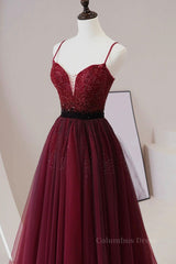 A Line V Neck Beaded Burgundy Tulle Long Corset Prom Dress, Beaded Burgundy Corset Formal Graduation Evening Dress outfit, Bridesmaid Dress Gold
