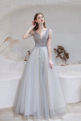 A Line V-Neck Beaded Floor Length Corset Prom Dresses With Short Sleeves Gowns, Evening Dresses Gown
