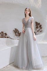 A Line V-Neck Beaded Floor Length Corset Prom Dresses With Short Sleeves Gowns, Evening Dresses Black
