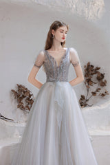 A Line V-Neck Beaded Floor Length Corset Prom Dresses With Short Sleeves Gowns, Evening Dress Prom