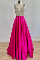 A Line V Neck Beaded Fuchsia Long Corset Prom Dress, V Neck Fuchsia Corset Formal Dress, Beaded Fuchsia Evening Dress outfit, Evening Dress Elegant