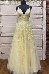 A Line V Neck Beaded Yellow Lace Tulle Long Corset Prom Dress, Yellow Lace Corset Formal Dress, Beaded Yellow Evening Dress outfit, Bridesmaid Dress Styles Long
