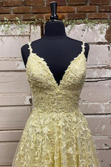 A Line V Neck Beaded Yellow Lace Tulle Long Corset Prom Dress, Yellow Lace Corset Formal Dress, Beaded Yellow Evening Dress outfit, Bridesmaid Dress Style Long