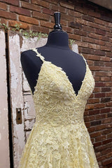 A Line V Neck Beaded Yellow Lace Tulle Long Corset Prom Dress, Yellow Lace Corset Formal Dress, Beaded Yellow Evening Dress outfit, Bridesmaids Dress Beach