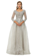 A-line V-neck Beading Floor-length Long Sleeve Open Back Lace Corset Prom Dresses outfit, Formal Dress Shops