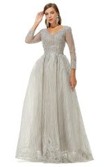 A-line V-neck Beading Floor-length Long Sleeve Open Back Lace Corset Prom Dresses outfit, Formal Dresses Shop