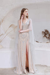 A Line V-Neck Beading Split Tulle Sweep Train Corset Prom Dresses outfit, Homecoming Dresses Idea