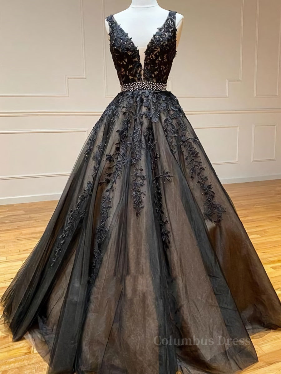 A Line V Neck Black Lace Corset Prom Dresses, Black Lace Corset Formal Evening Dresses outfit, Unique Wedding Ideas