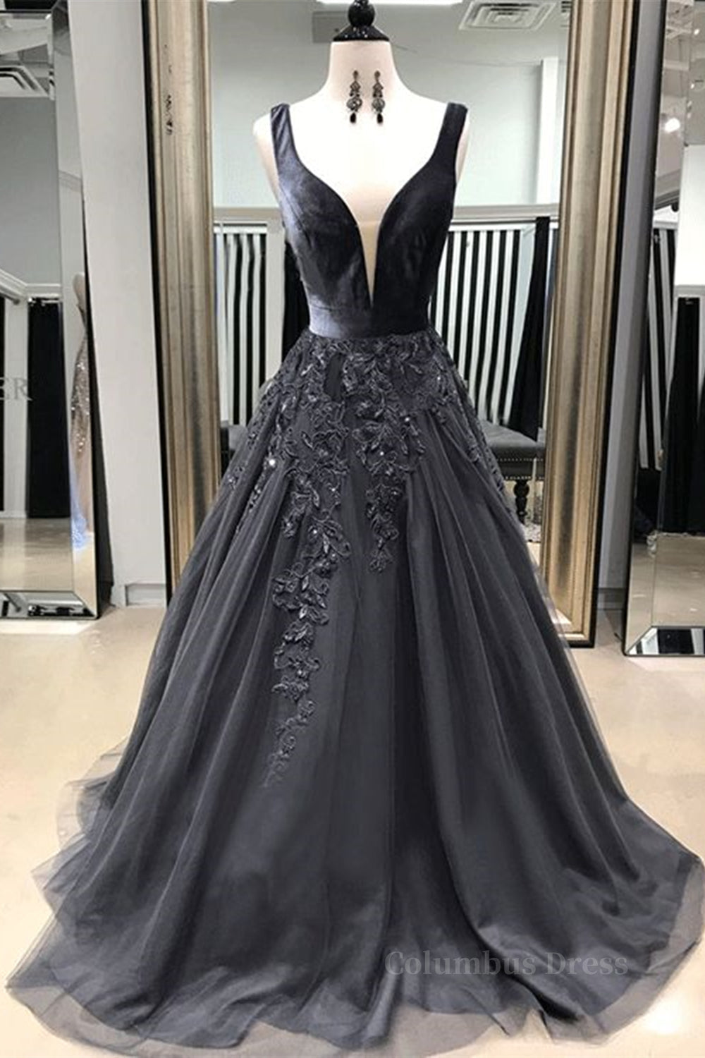 A Line V Neck Black Long Corset Prom Dresses with Lace Appliques, V Neck Black Lace Corset Formal Evening Dresses outfit, Formal Dress Ideas