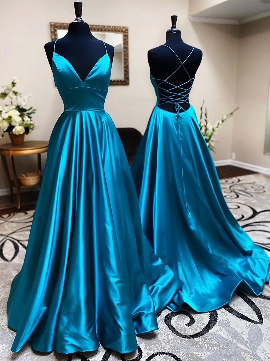 A Line V Neck Blue Backless Long Corset Prom Dresses, Open Back Blue Long Corset Formal Evening Dresses outfit, Champagne Bridesmaid Dress