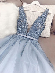 A Line V Neck Blue Beaded Long Corset Prom Dresses, Blue Beaded Long Corset Formal Evening Dresses outfit, Formal Dress Inspo
