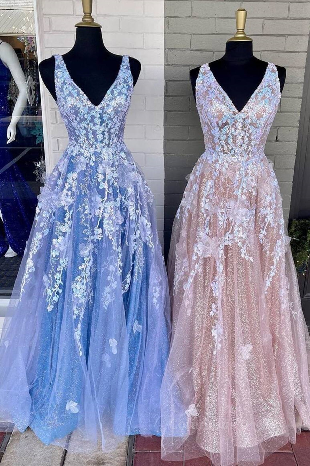 A Line V Neck Blue/Champagne Lace Floral Long Corset Prom Dresses, Blue/Champagne Lace Corset Formal Evening Dresses outfit, Formal Dress Prom
