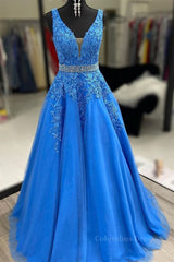 A Line V Neck Blue Lace Long Corset Prom Dresses with Belt, Blue Lace Corset Formal Evening Dresses outfit, Formal Dresses For Teens