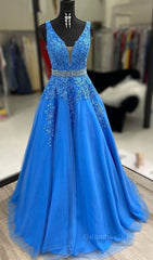 A Line V Neck Blue Lace Long Corset Prom Dresses with Belt, Blue Lace Corset Formal Evening Dresses outfit, Formal Dresses For Weddings