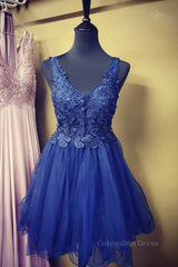 A Line V Neck Blue Lace Short Corset Prom Dress, Blue Lace Corset Homecoming Dress, Short Blue Corset Formal Evening Dress outfit, Evening Dresses Online Shop
