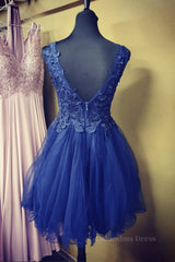 A Line V Neck Blue Lace Short Corset Prom Dress, Blue Lace Corset Homecoming Dress, Short Blue Corset Formal Evening Dress outfit, Evening Dresses With Sleeves