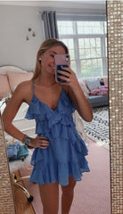 A-line V Neck Blue Short Corset Homecoming Dress Lovely Corset Homecoming Dress outfit, Formal Dresses For Middle School