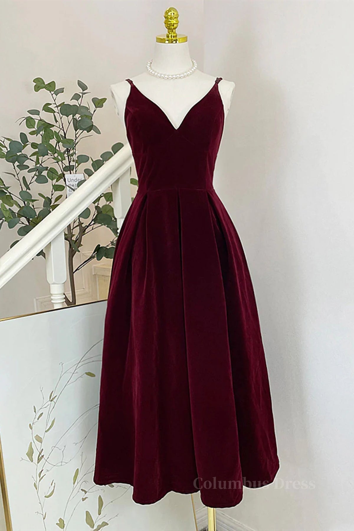 A Line V Neck Burgundy Black Tea Length Corset Prom Dresses, Short Black Wine Red Corset Formal Corset Homecoming Dresses outfit, Evening Dress Dresses