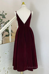 A Line V Neck Burgundy Black Tea Length Corset Prom Dresses, Short Black Wine Red Corset Formal Corset Homecoming Dresses outfit, Evening Dresses Yde