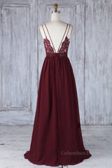 A Line V Neck Burgundy Chiffon Long Corset Prom Dress with Lace Back, V Neck Lace Back Burgundy Corset Formal Graduation Evening Dress outfit, Evening Dresses For Over 45