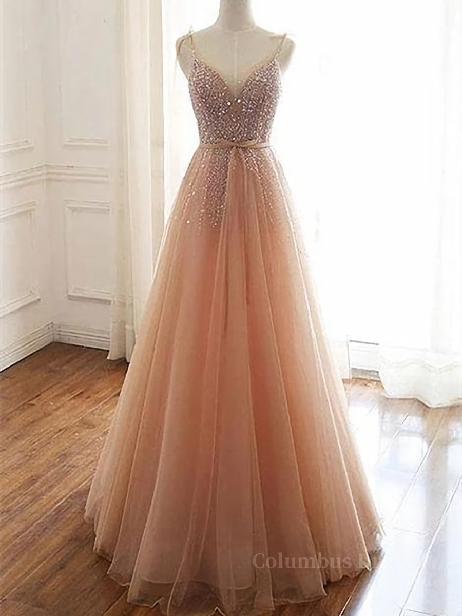 A Line V Neck Champagne Tulle Long Beaded Corset Prom Dresses, Champagne Long Corset Formal Evening Dresses outfit, Wedding Photo