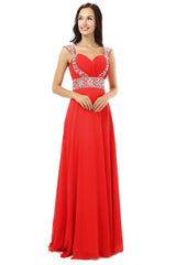 A-line V Neck Chiffon Long Red Corset Prom Dresses outfit, Party Dress Classy