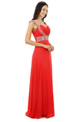 A-line V Neck Chiffon Long Red Corset Prom Dresses outfit, Party Dresses Outfits