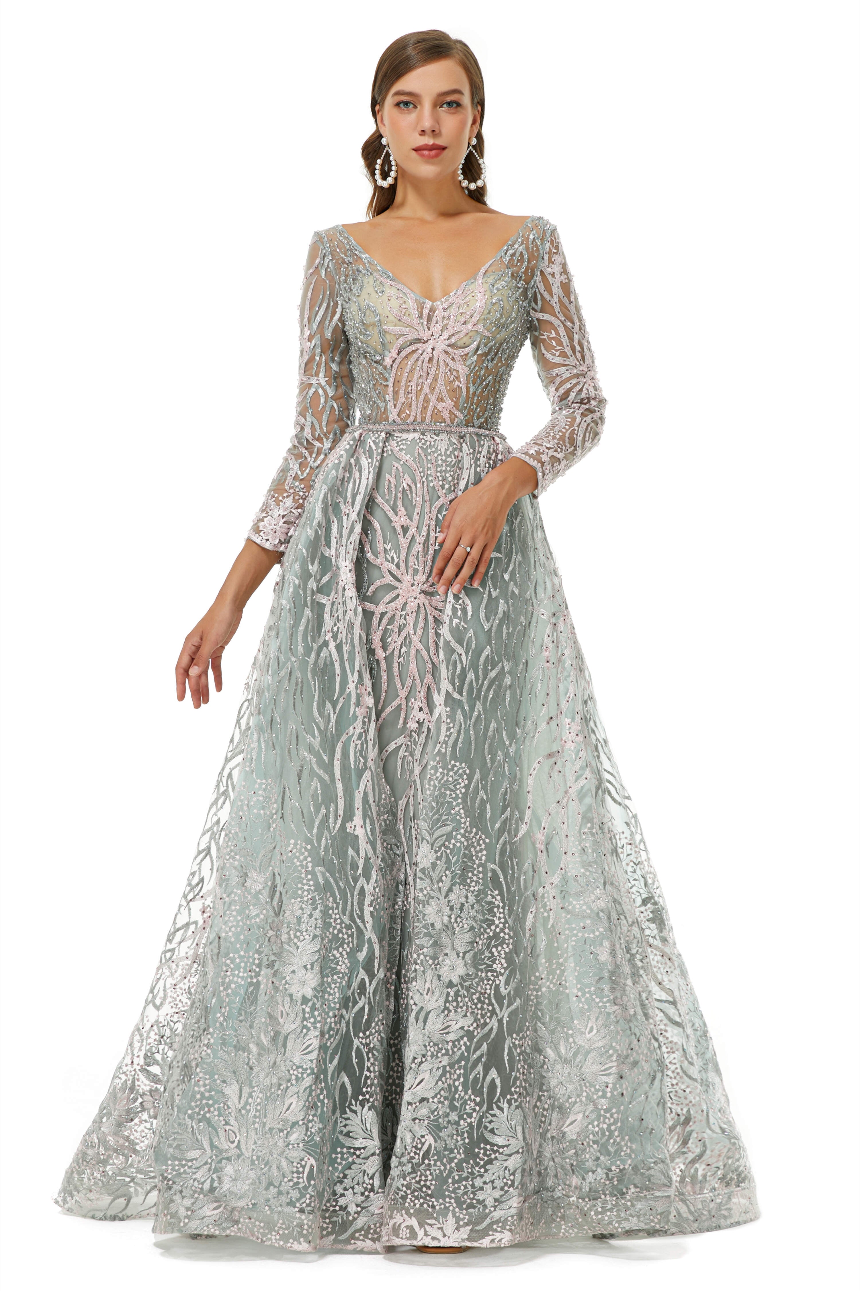 A-line V-neck Floor-length Long Sleeve Open Back Appliques Lace Corset Prom Dresses outfit, Formal Dresses With Sleeves