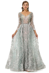 A-line V-neck Floor-length Long Sleeve Open Back Appliques Lace Corset Prom Dresses outfit, Formal Dress Summer