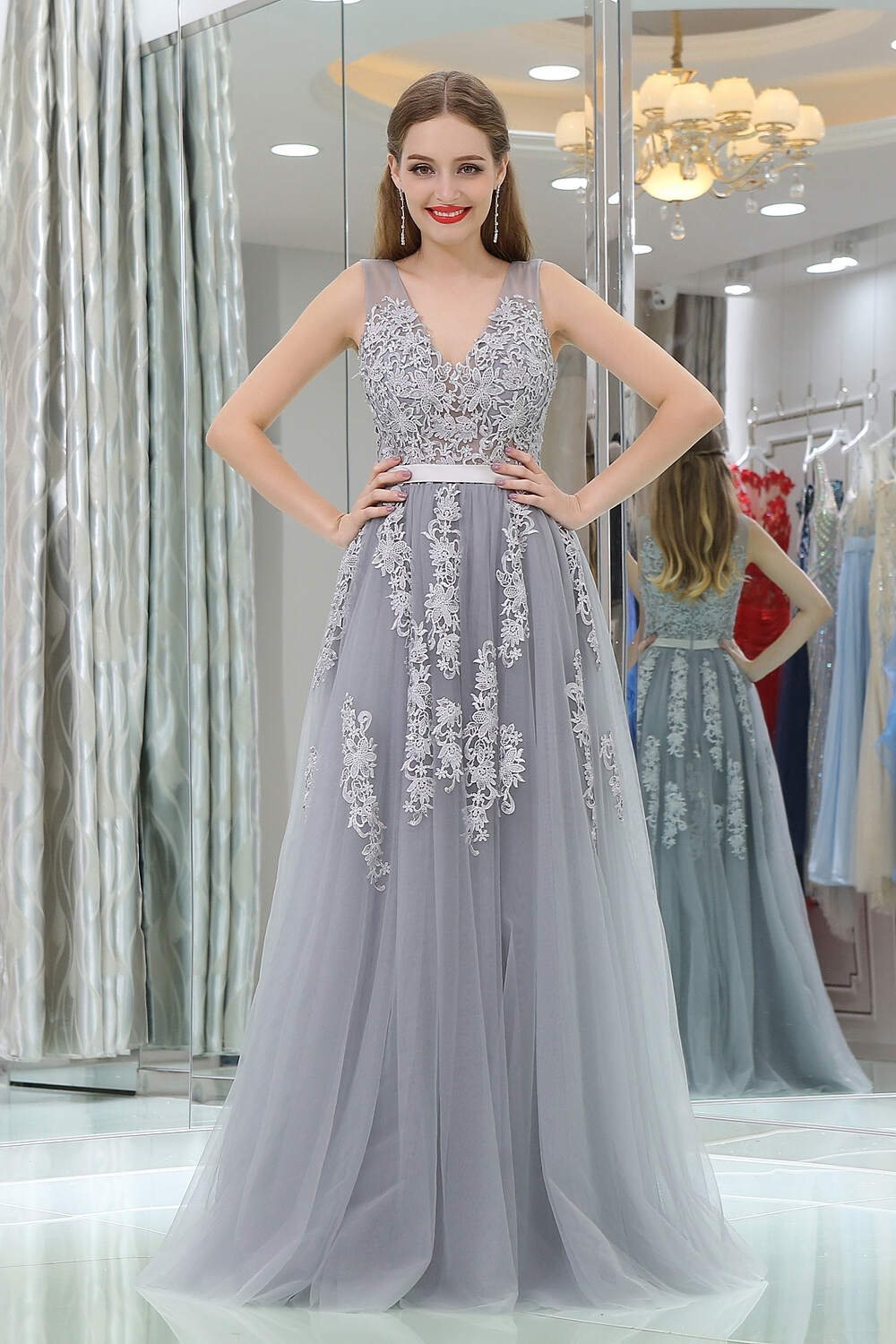 A-Line V-neck Floor-Length Tulle Appliqued Long Corset Prom Dresses outfit, Cute Summer Dress