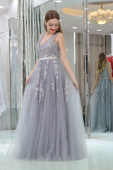 A-Line V-neck Floor-Length Tulle Appliqued Long Corset Prom Dresses outfit, Homecoming