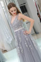 A-Line V-neck Floor-Length Tulle Appliqued Long Corset Prom Dresses outfit, Formal Dress Short