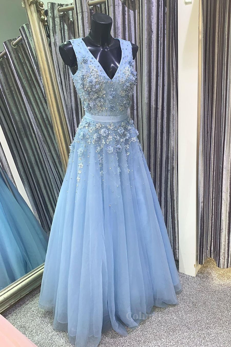 A Line V Neck Floral Light Blue Lace Long Corset Prom Dress, Light Blue Lace Corset Formal Graduation Evening Dress outfit, Homecoming Dresses 2026