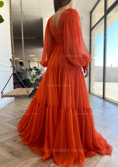 A-line V Neck Full/Long Sleeve Long/Floor-Length Chiffon Corset Prom Dress With Pleated Gowns, Party Dresses Classy Elegant