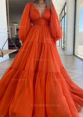 A-line V Neck Full/Long Sleeve Long/Floor-Length Chiffon Corset Prom Dress With Pleated Gowns, Party Dress Classy Elegant