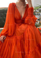 A-line V Neck Full/Long Sleeve Long/Floor-Length Chiffon Corset Prom Dress With Pleated Gowns, Party Dresses Night