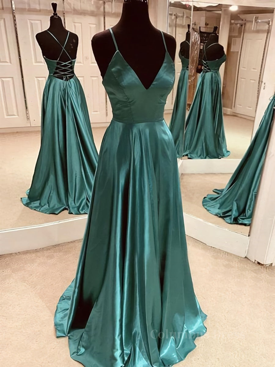 A Line V Neck Green Satin Long Corset Prom Dresses, Backless Green Long Corset Formal Evening Dresses outfit, Blue Bridesmaid Dress