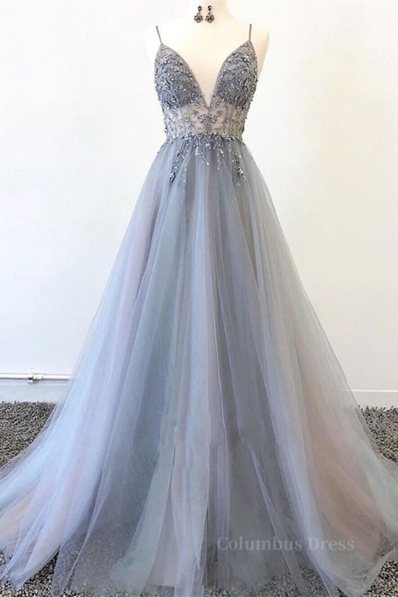 A Line V Neck Grey Beaded Long Corset Prom Dress with Split, Grey Beaded Corset Formal Graduation Evening Dress outfit, Formal Dress For Wedding
