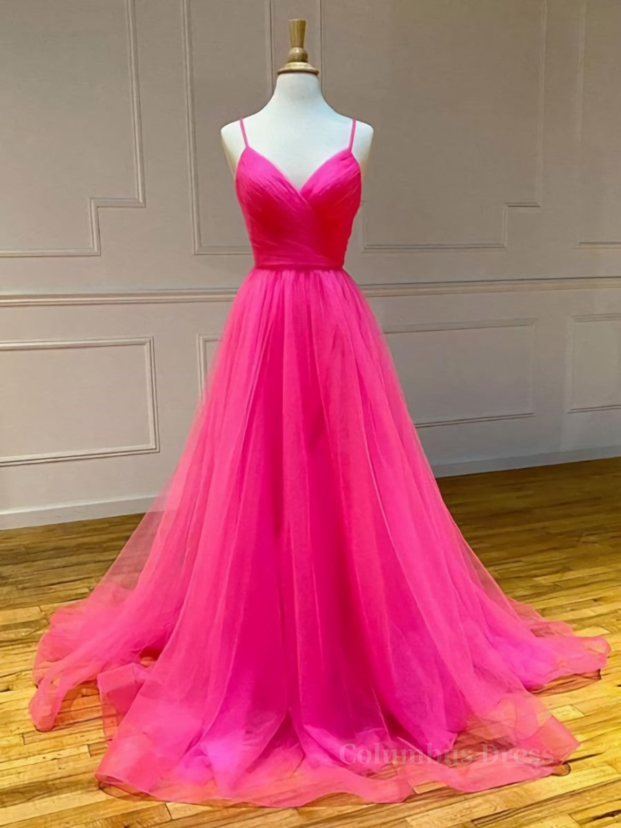 A Line V Neck Hot Pink Long Corset Prom Dresses, V Neck Hot Pink Long Corset Formal Evening Dresses outfit, Gala Dress