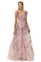 A-line V-neck Lace Beaded Applique Floor-length Sleeveless Corset Prom Dresses outfit, Sparklie Dress