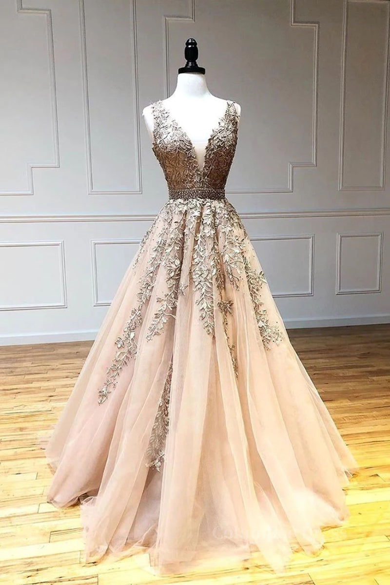 A Line V Neck Lace Champagne Tulle Long Corset Prom Dress, V Neck Lace Champagne Corset Formal Dress, Champagne Lace Evening Dress outfit, Evening Dresses For Wedding Guest