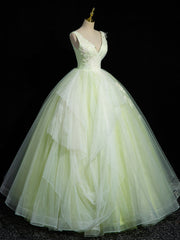 A-Line V Neck Lace Tulle Green Long Corset Prom Dress, Green Sweet 16 Dress outfit, Evening Dress Shops