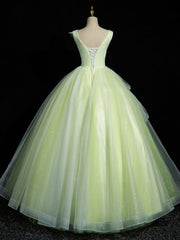 A-Line V Neck Lace Tulle Green Long Corset Prom Dress, Green Sweet 16 Dress outfit, Evening Dress Near Me