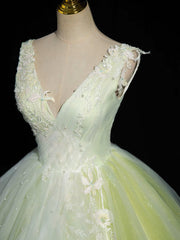 A-Line V Neck Lace Tulle Green Long Corset Prom Dress, Green Sweet 16 Dress outfit, Evening Dresses Near Me