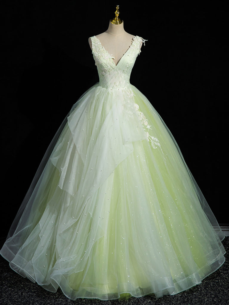 A-Line V Neck Lace Tulle Green Long Corset Prom Dress, Green Sweet 16 Dress outfit, Evening Dress Shopping